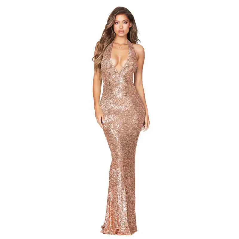 V-Halter Backless Dress - Champagne / S