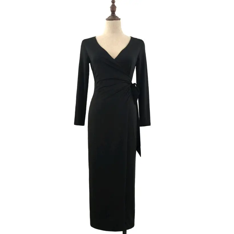 V-Tie Chic: Slimming V-Neck Dress - Black / M