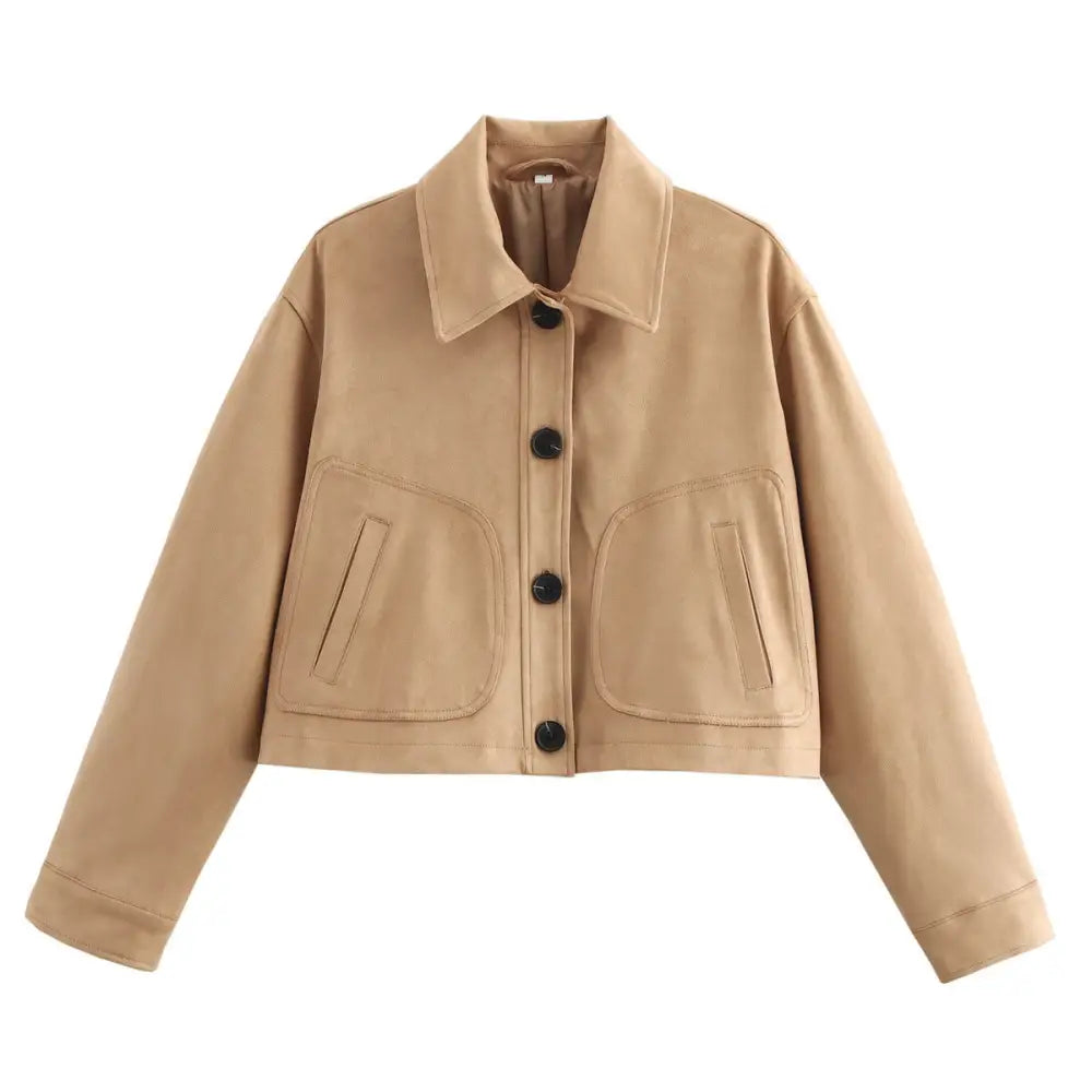 VelvetLap: Luxe Leather Short Jacket - Dark Khaki Cloth Color / S