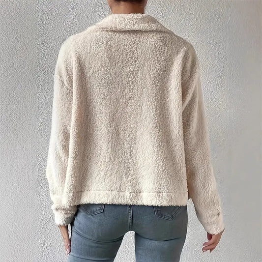 Velvety White Woolen Lapel Coat