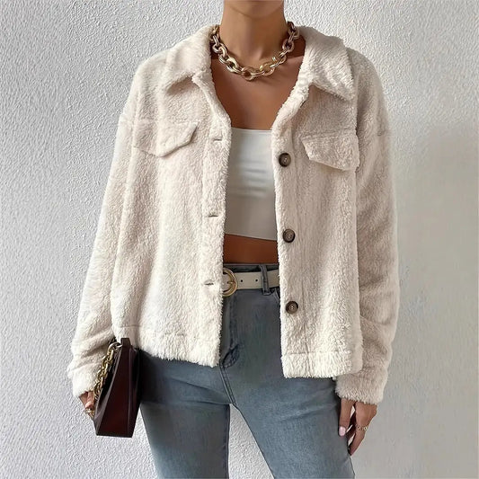 Velvety White Woolen Lapel Coat