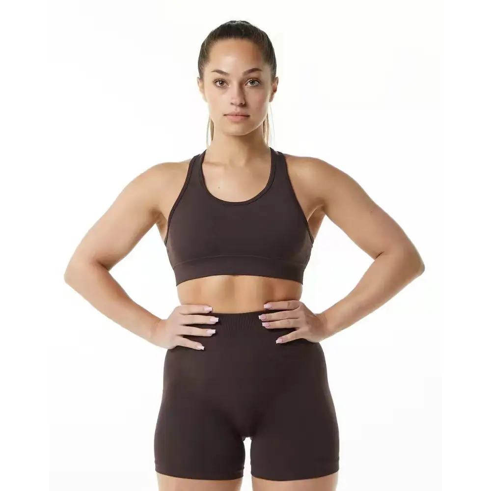 Vest Women’s Shockproof High Strength Integrated Underwear Shorts Fitness Yoga Set - Brown / S