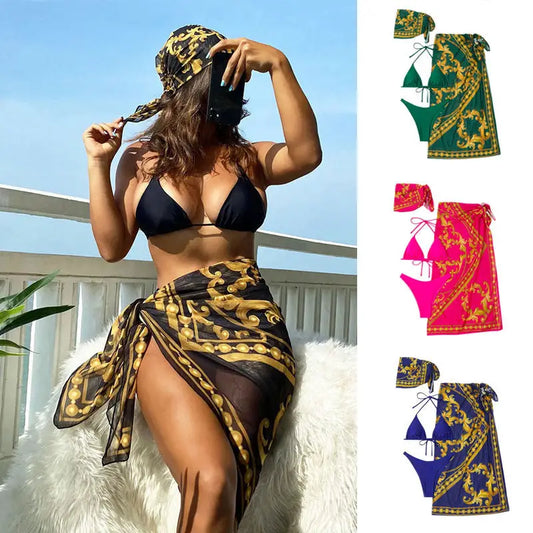Vintage Print Lace-up Bikini Swimsuit Three-piece Suit