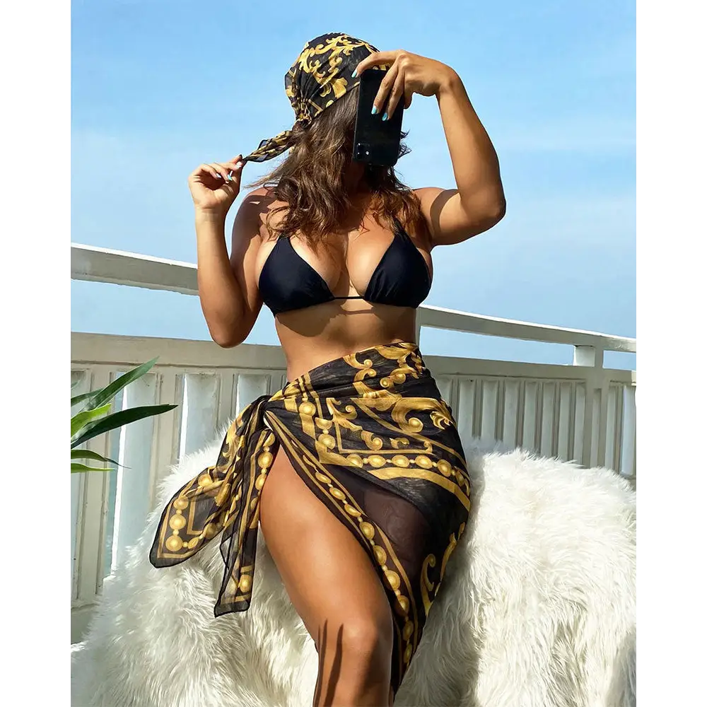 Vintage Print Lace-up Bikini Swimsuit Three-piece Suit - Picture Color / S
