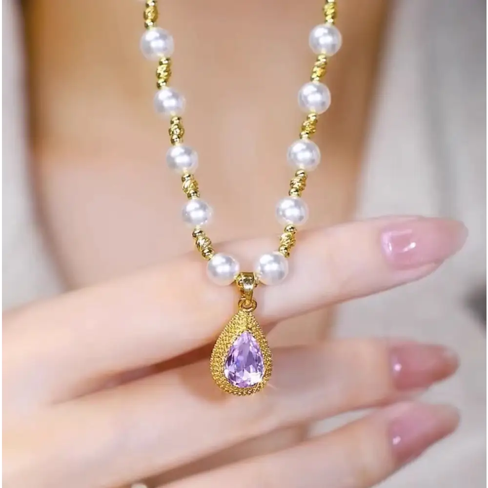 Violet Raindrop Pearl Necklace - Purple Droplet Pearl Necklace