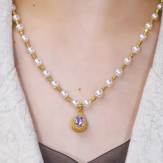 Violet Raindrop Pearl Necklace - Purple Droplet Pearl Necklace