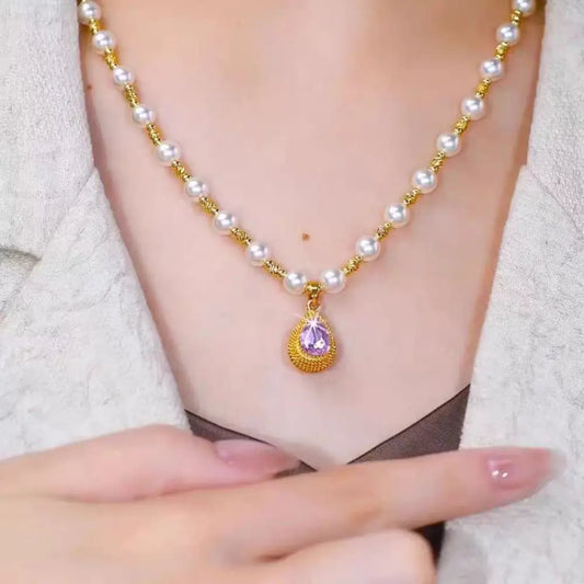Violet Raindrop Pearl Necklace - Purple Droplet Pearl Necklace