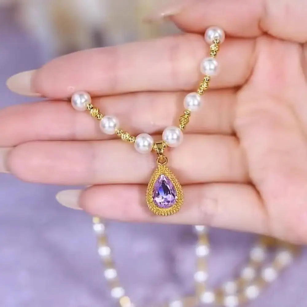 Violet Raindrop Pearl Necklace - Purple Droplet Pearl Necklace