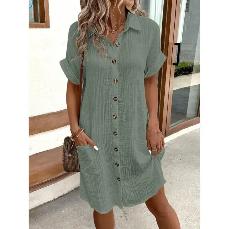 Vivi Vibe: Casual V-Neck Loose Dress Skirt - Grayish green / S - 4