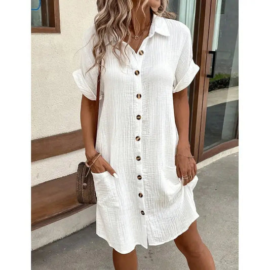 Vivi Vibe: Casual V-Neck Loose Dress Skirt - White / S - 4