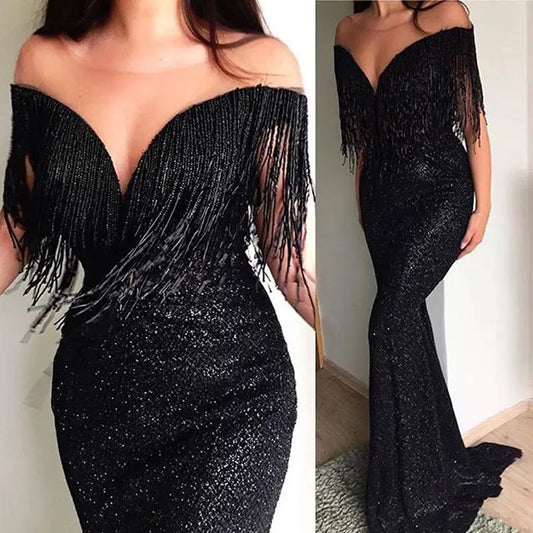 Vivid Charisma: Black Sequin V-Neck Slim Dress