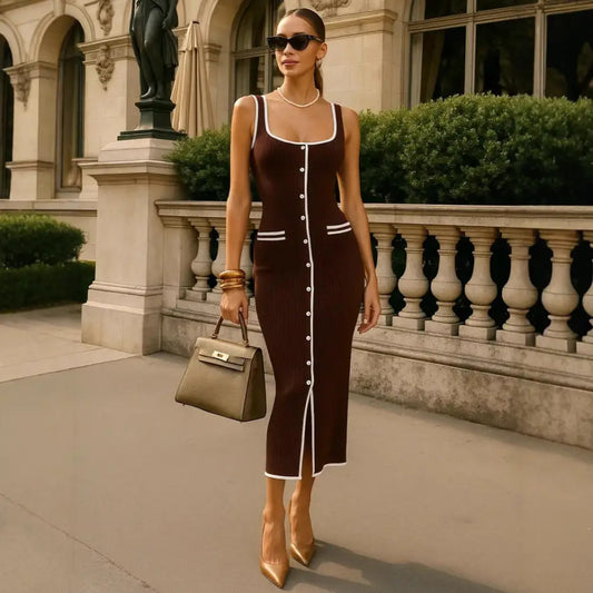 VividBuckle Knit Dress: Contrast & Chic