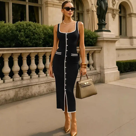 VividBuckle Knit Dress: Contrast & Chic
