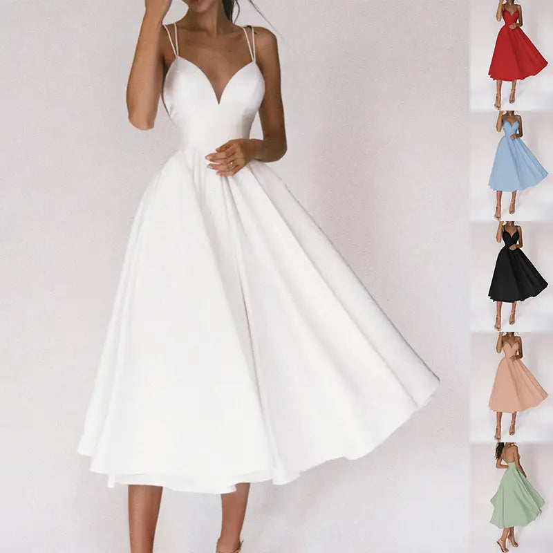 Sleeveless, V-neck, midi dress.