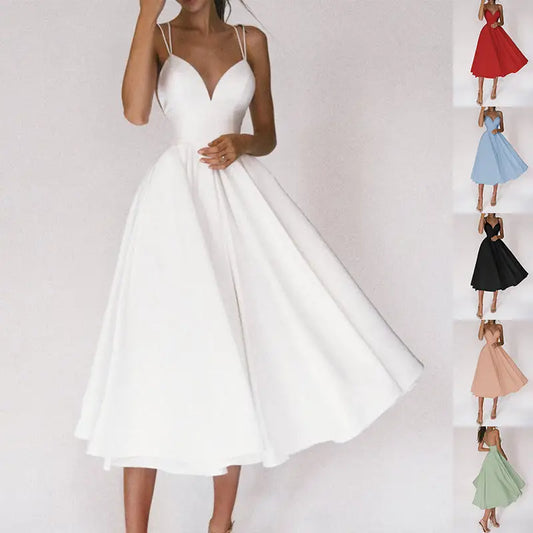 Sleeveless, V-neck, midi dress.