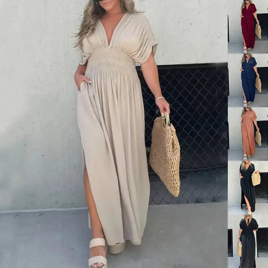 VogueBat: Chic V-Neck Slit Summer Dress