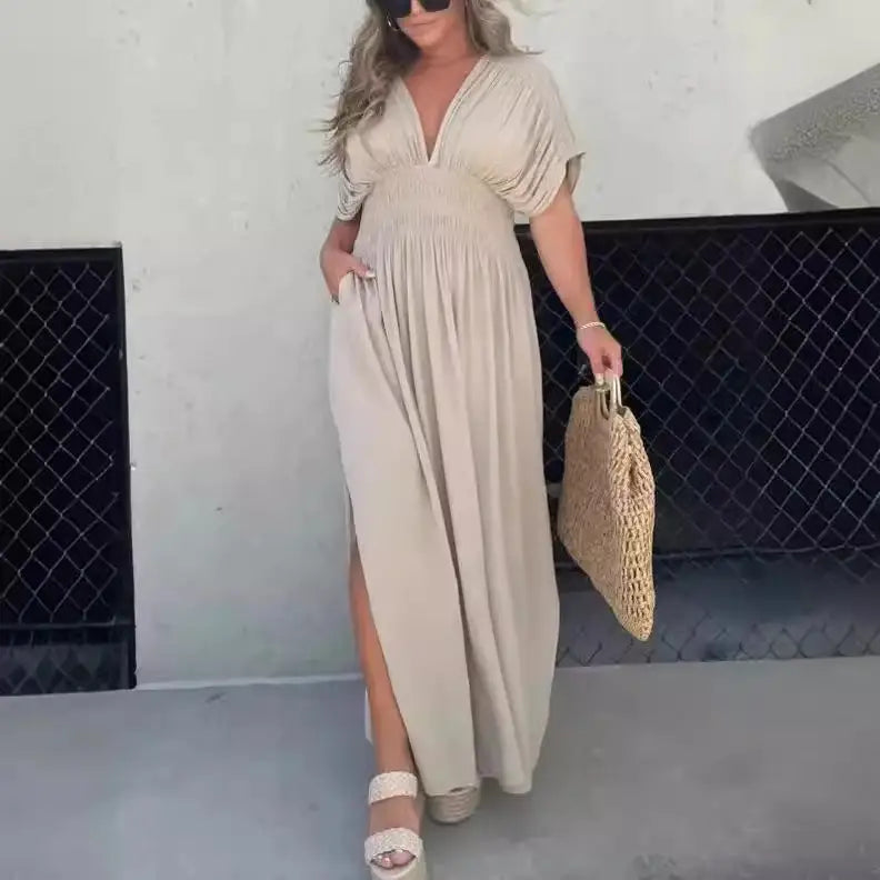 VogueBat: Chic V-Neck Slit Summer Dress