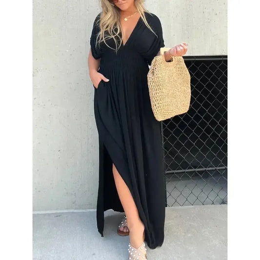 VogueBat: Chic V-Neck Slit Summer Dress