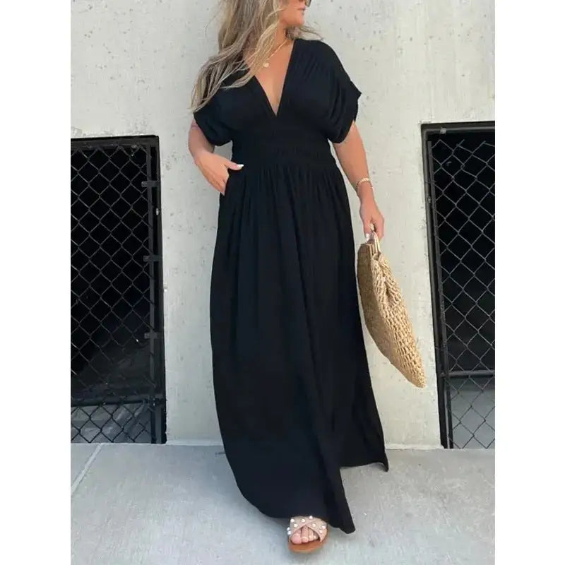 VogueBat: Chic V-Neck Slit Summer Dress - Black / S