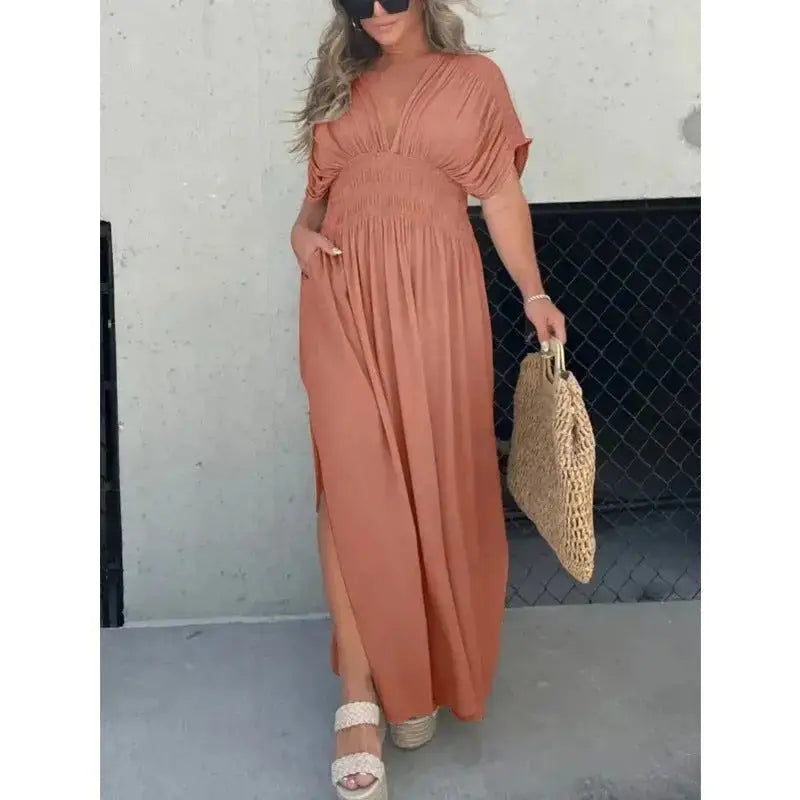 VogueBat: Chic V-Neck Slit Summer Dress - Caramel Color / S