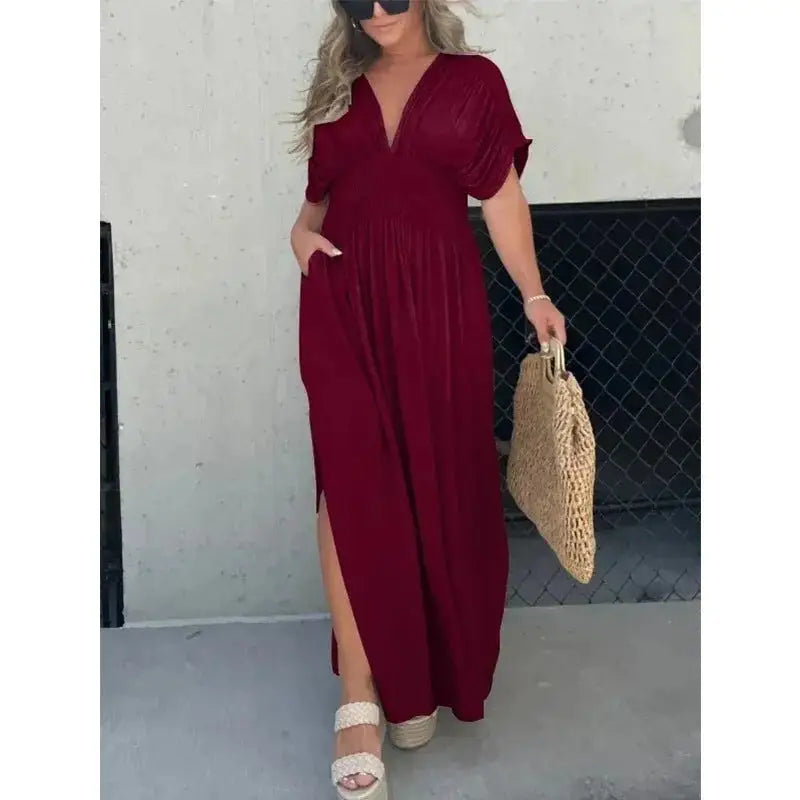 VogueBat: Chic V-Neck Slit Summer Dress - Wine Red / S