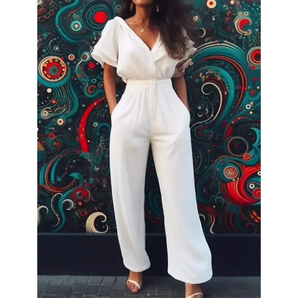 VogueFit V-Neck Jumpsuit - S / White