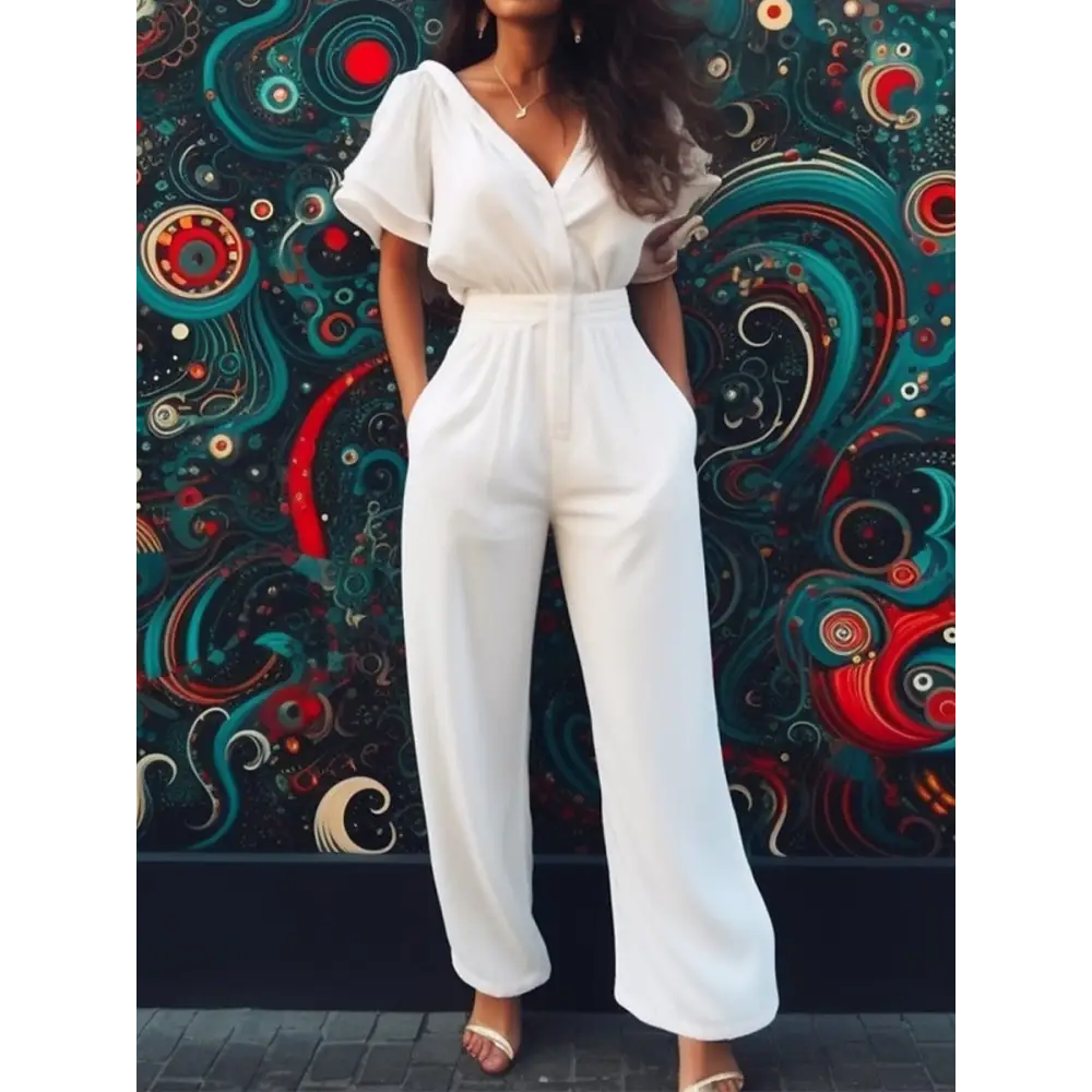 VogueFit V-Neck Jumpsuit - S / White