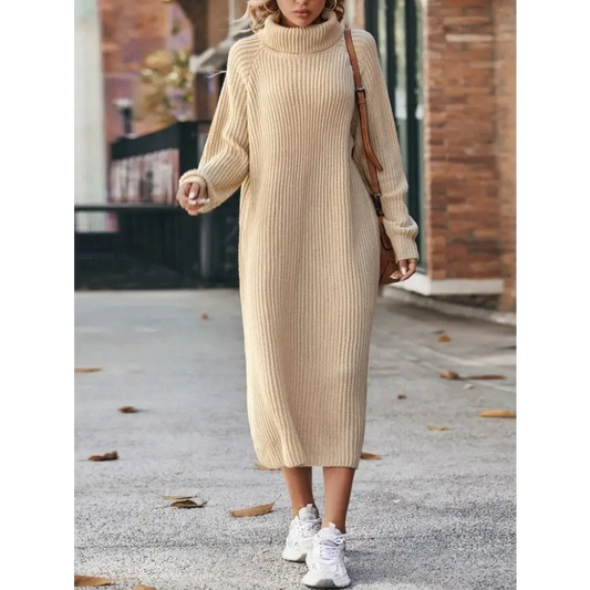 Warm Knit Turtleneck Dress - Beige / XS