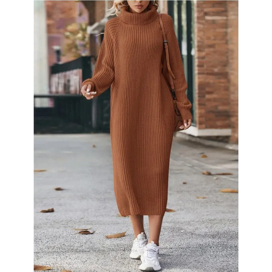 Warm Knit Turtleneck Dress - Caramel Color / XS