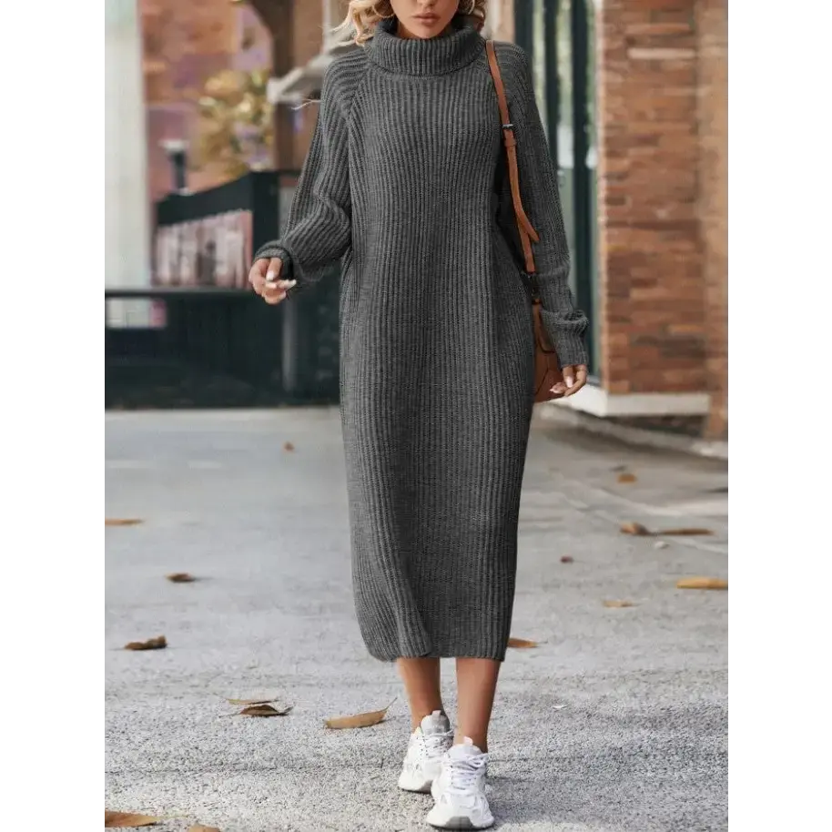 Warm Knit Turtleneck Dress - Dark Gray / XS