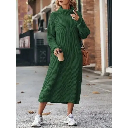 Warm Knit Turtleneck Dress - Dark Green / XS