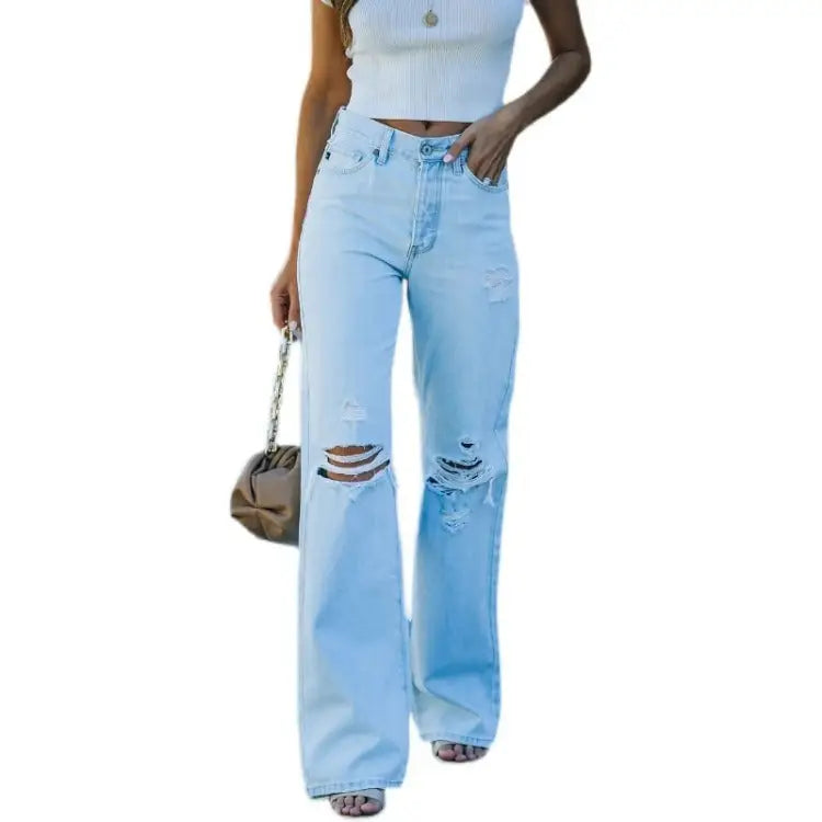 Washed Ripped Denim Trousers