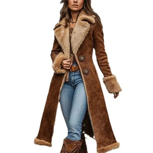 Brown suede coat with faux fur trim.