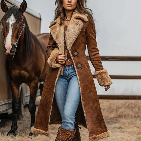 Brown suede shearling-trimmed coat.