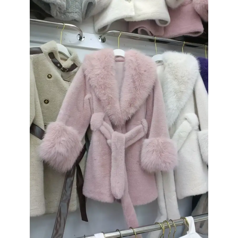 Pink faux fur coat with a tie.