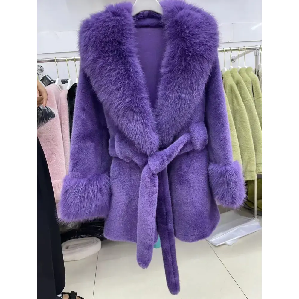 Purple faux fur coat with a tie belt.
