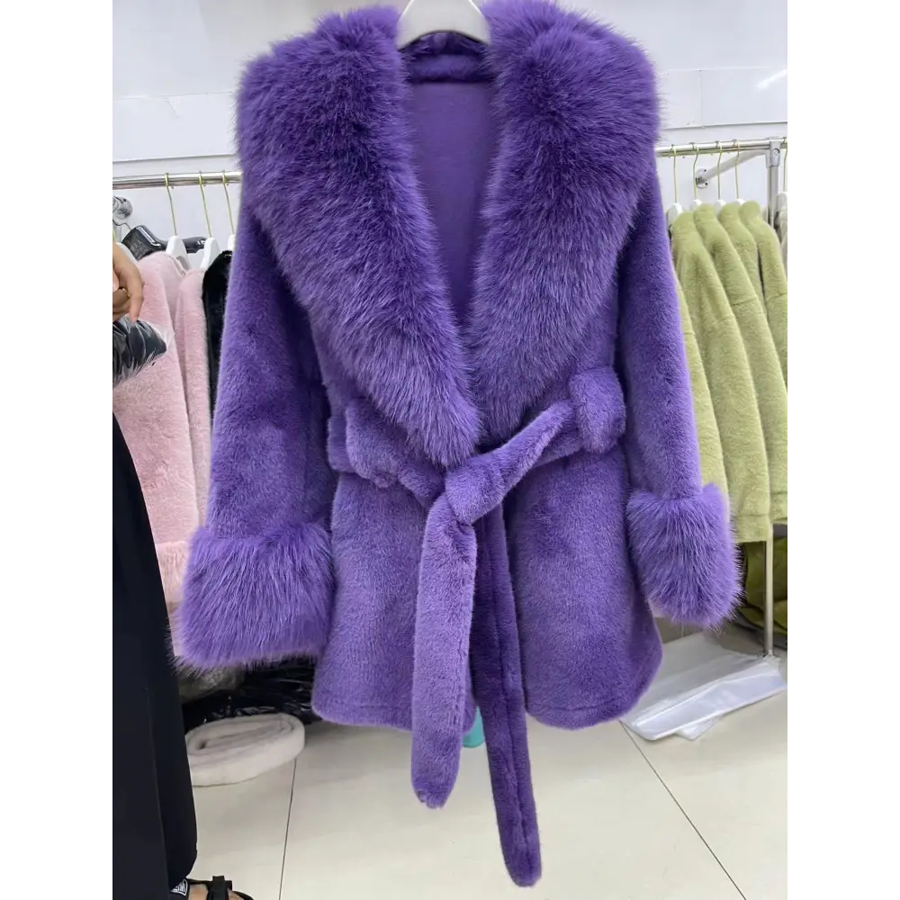 Purple faux fur coat with a tie belt.
