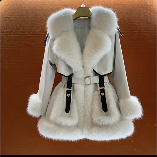 White fur-trimmed belted coat.