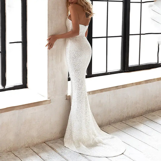 White High Waist Lace Long Skirt with Sequins