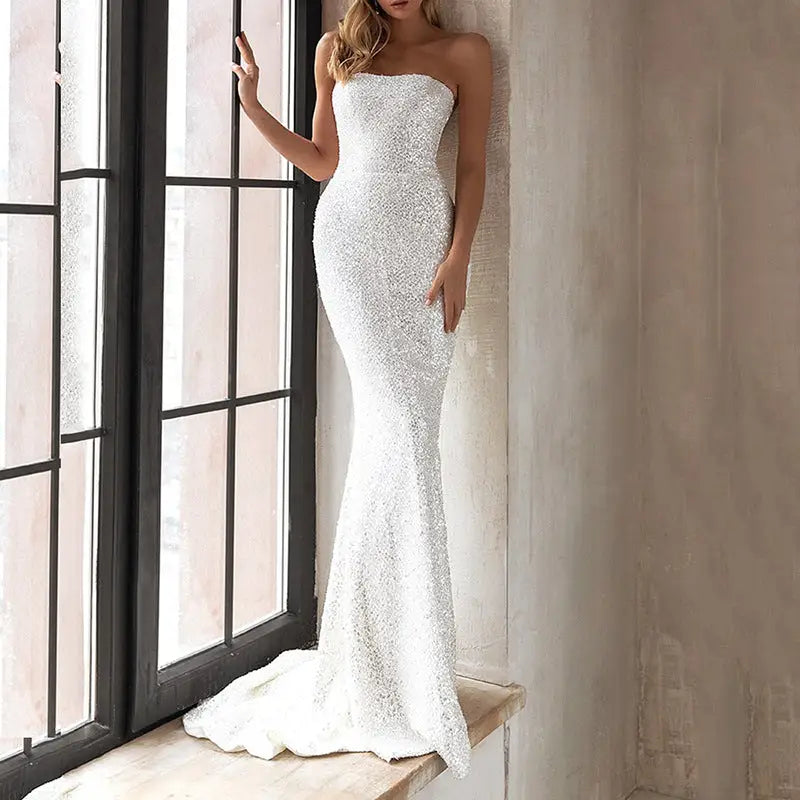 White High Waist Lace Long Skirt with Sequins - White Bra / S