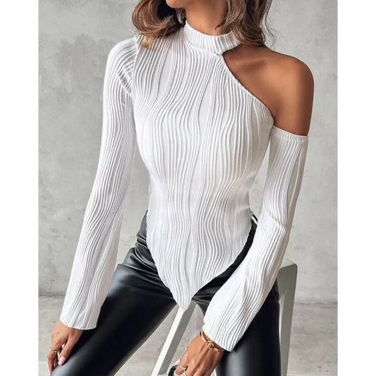 White textured one-shoulder long-sleeve top.