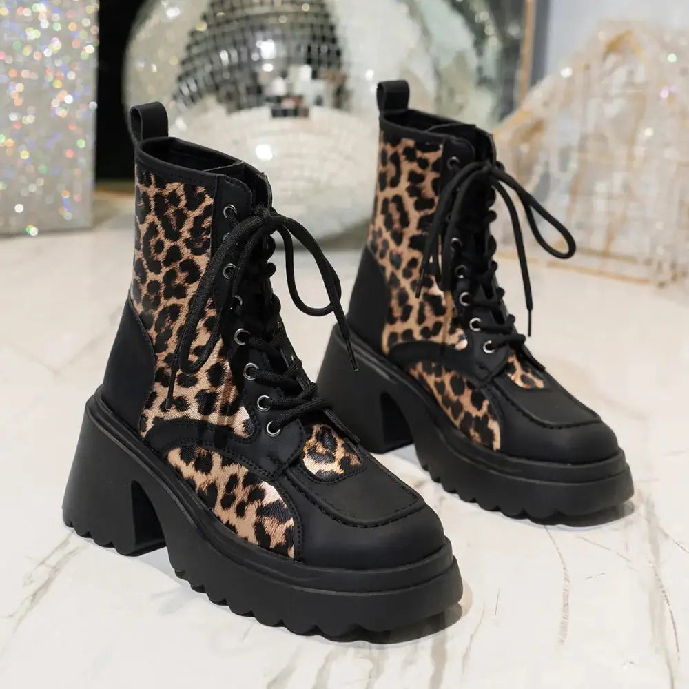 WildStride Leopard Lace-Up Chunky Heel Booties - Leopard Print Black / 35