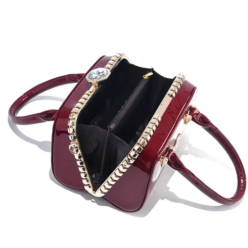 Wine Red PU Leather Horizontal Square Suitcase with Multiple Pockets