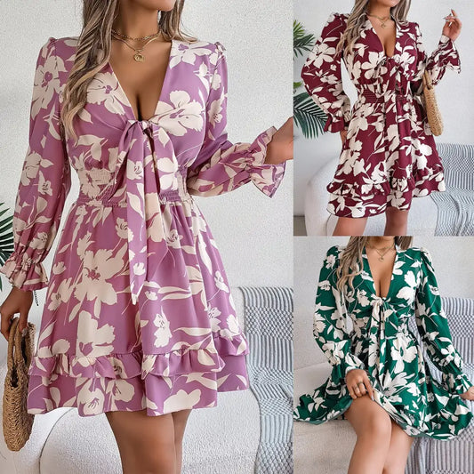 Women’s Casual Flower Half Sleeve Ruffled A-line Dress