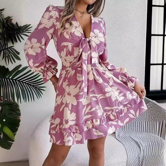 Women’s Casual Flower Half Sleeve Ruffled A-line Dress