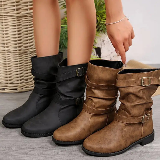 Women’s Casual PU Leather Round Toe Boots