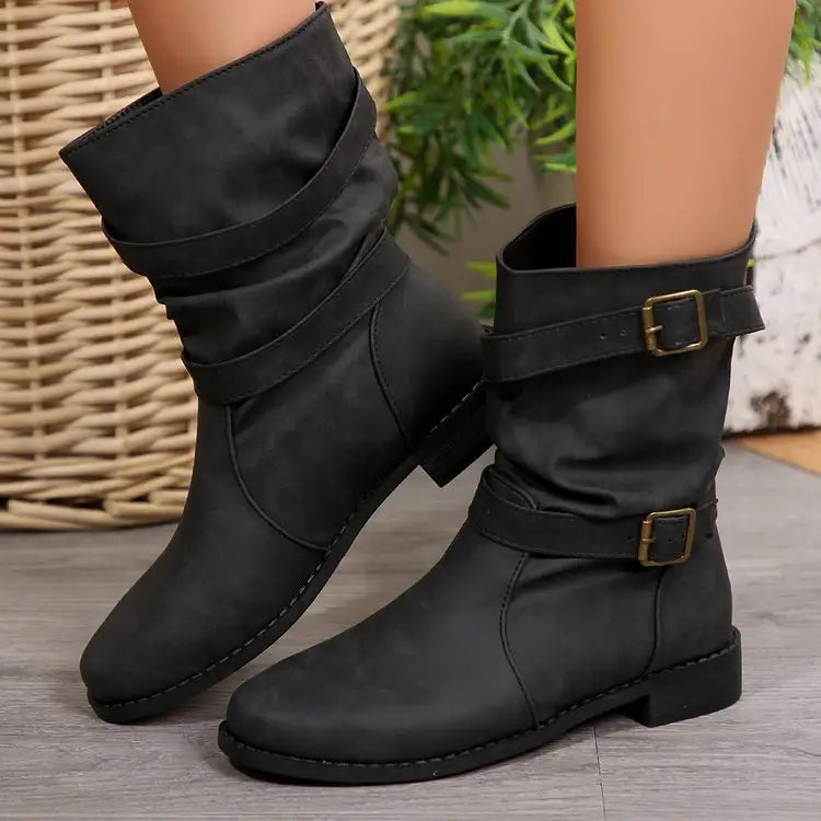 Women’s Casual PU Leather Round Toe Boots - Black / 36