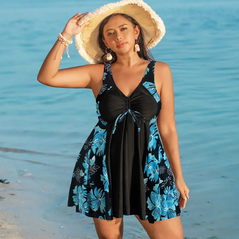 Women’s Creative Simple Printed Conservative Split Swimsuit - Black Blue Flower / XL