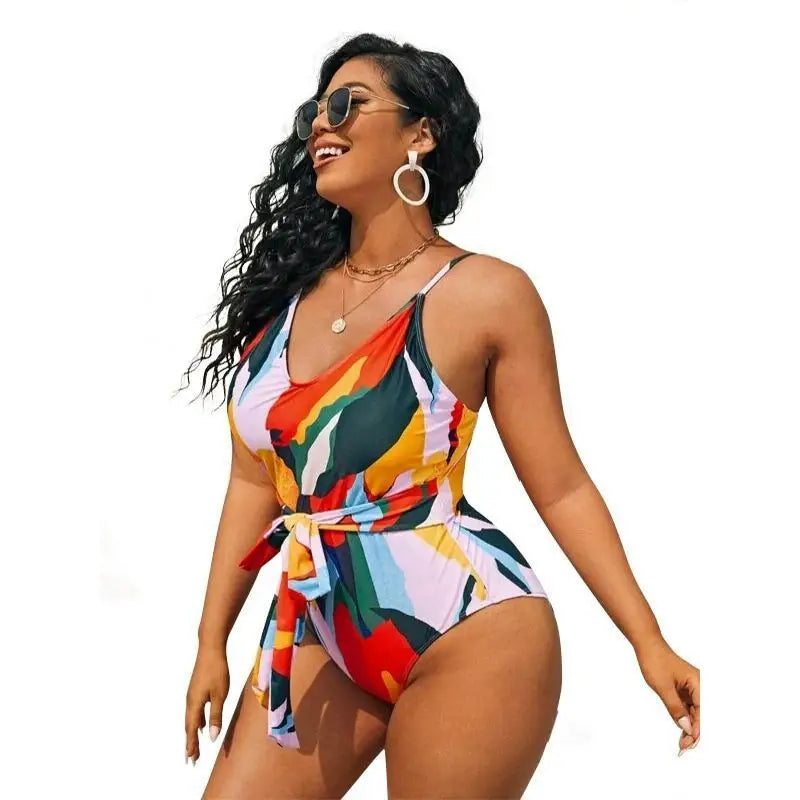 Women’s Fashion Print Bikini One Piece Swimsuit - Picture color / XL