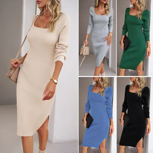 Women’s Fashion Temperament Square Collar Woolen Dress